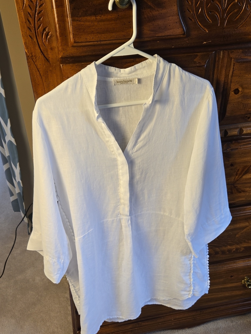 Laura Bianchi White 100% Linen V-Neck Tunic Top/ Beach Cover-Up Made In Italy